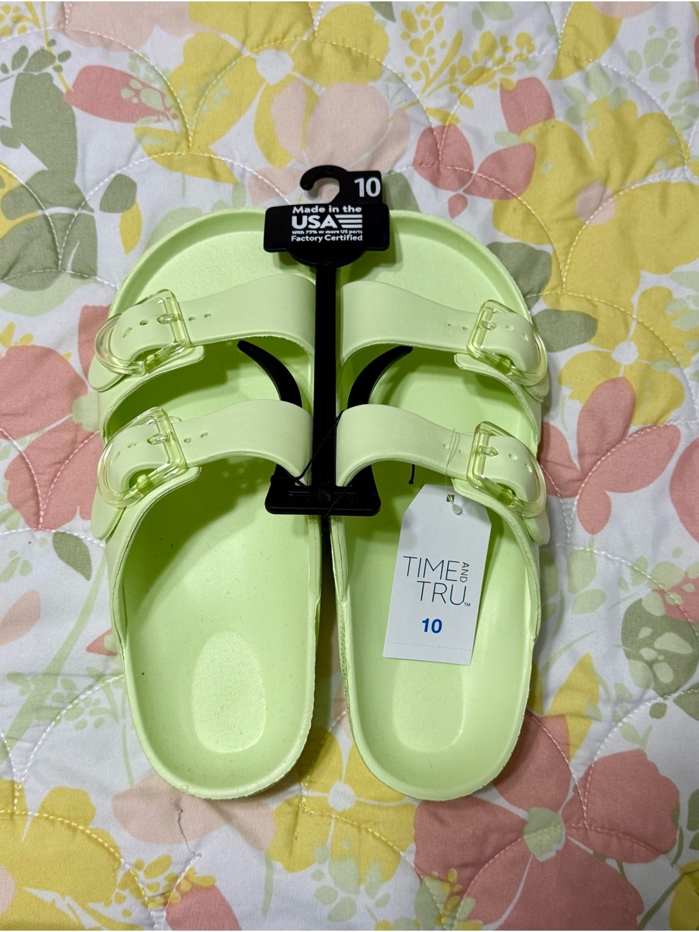 Time and Tru Double Buckle Slide Sandals Lime Green Size 10 New